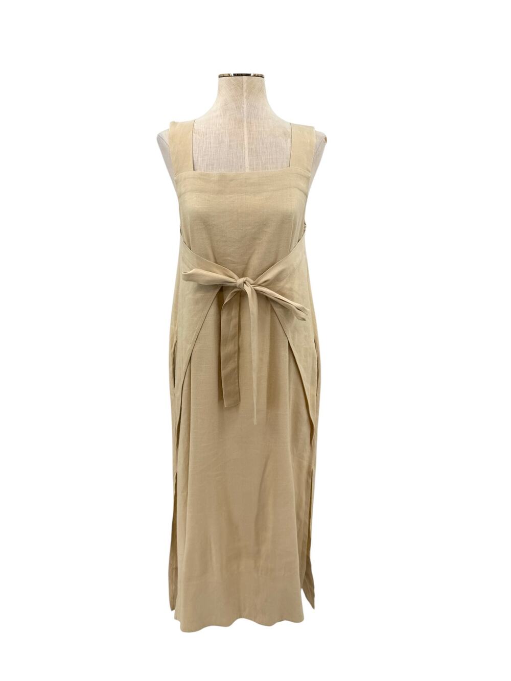 Cuyana Linen Blend Tie Front Square Neck Maxi Dress Beige Minimalist Size Small